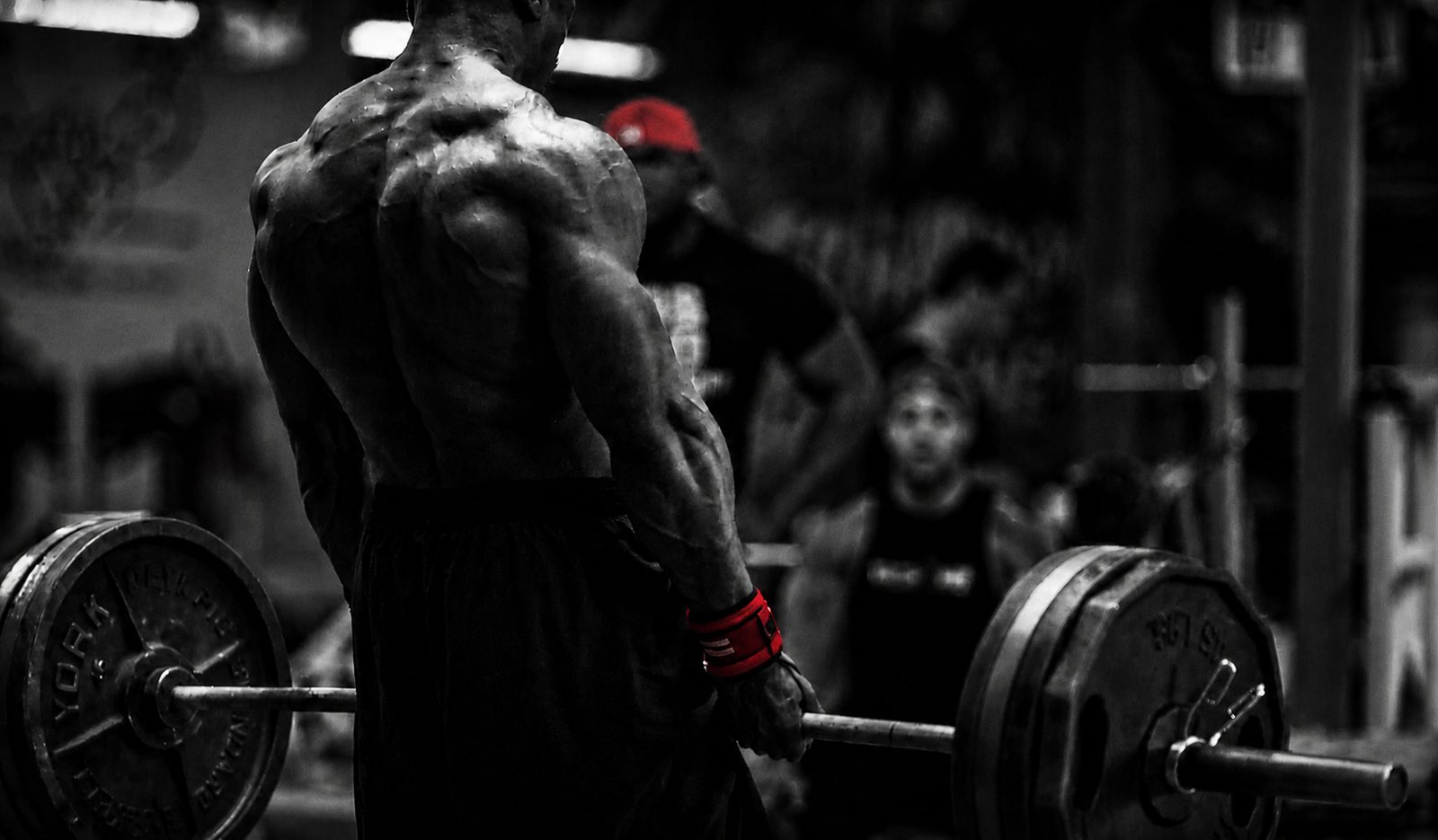 A lifter mid deadlift, back to the camera, in a dark gym