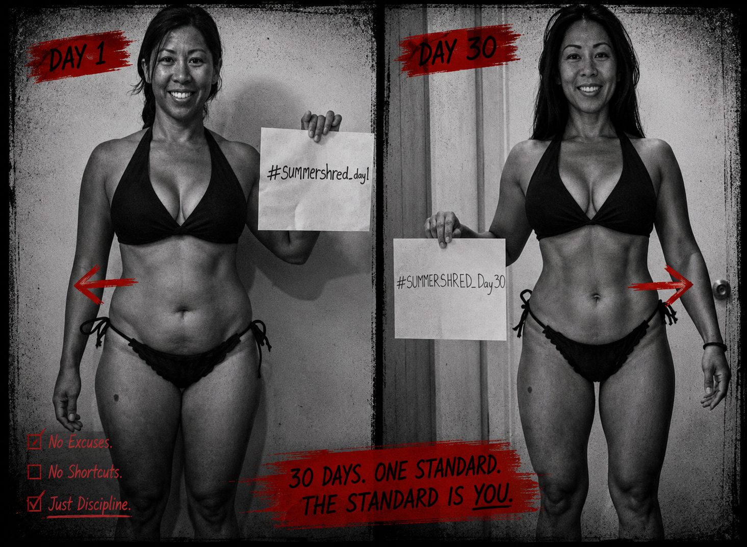 Summer Shred Day 1 and Day 30 poster of a challenger in a black bikini. 30 days. One standard. The standard is you.