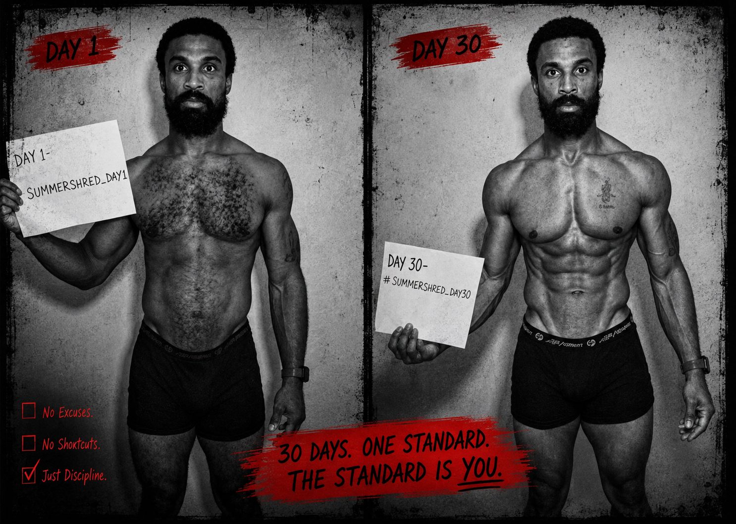 Day 1 and Day 30 poster of a bearded challenger. 30 days. One standard. The standard is you.