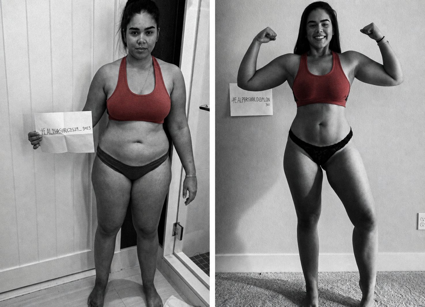 Day 1 and Day 30 photos of a challenger in a red sports bra, side by side