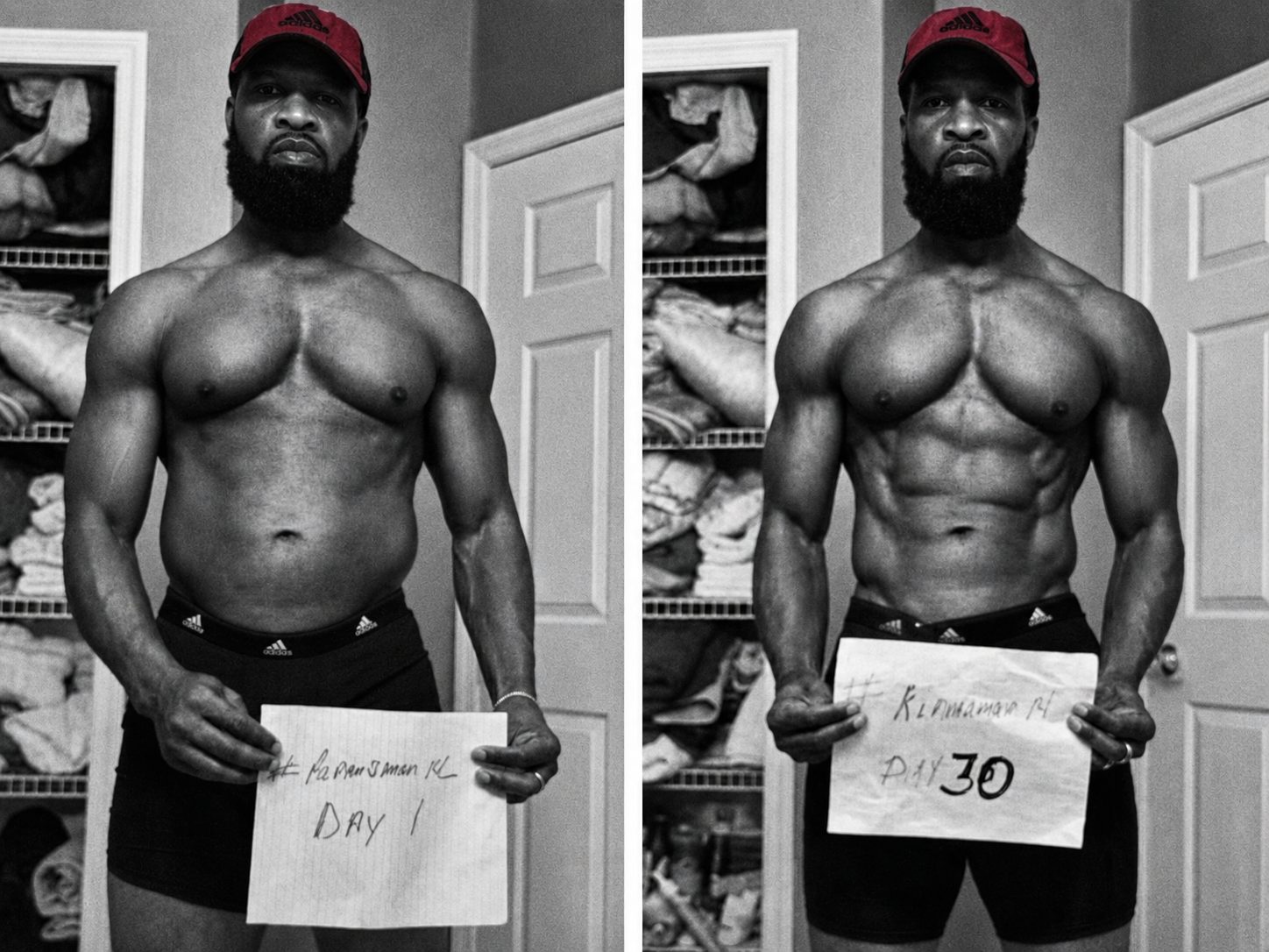 Day 1 and Day 30 photos of a challenger in a red cap, side by side