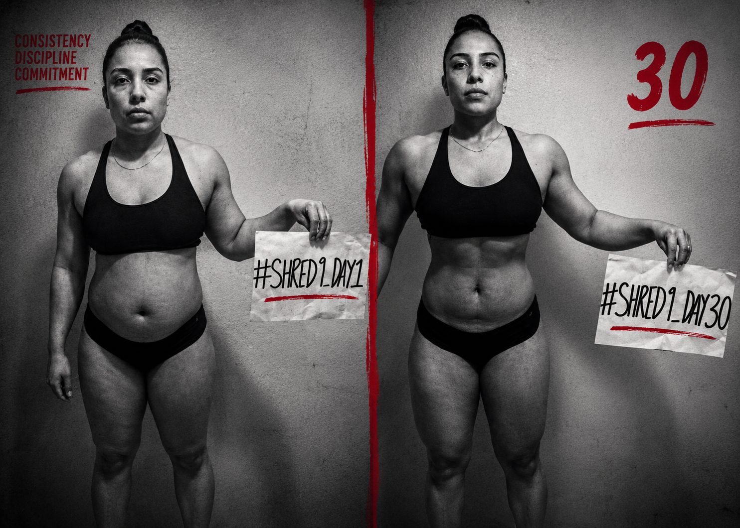 Shred 9 Day 1 and Day 30 photos of a challenger in a black sports bra, side by side. Consistency, discipline, commitment.