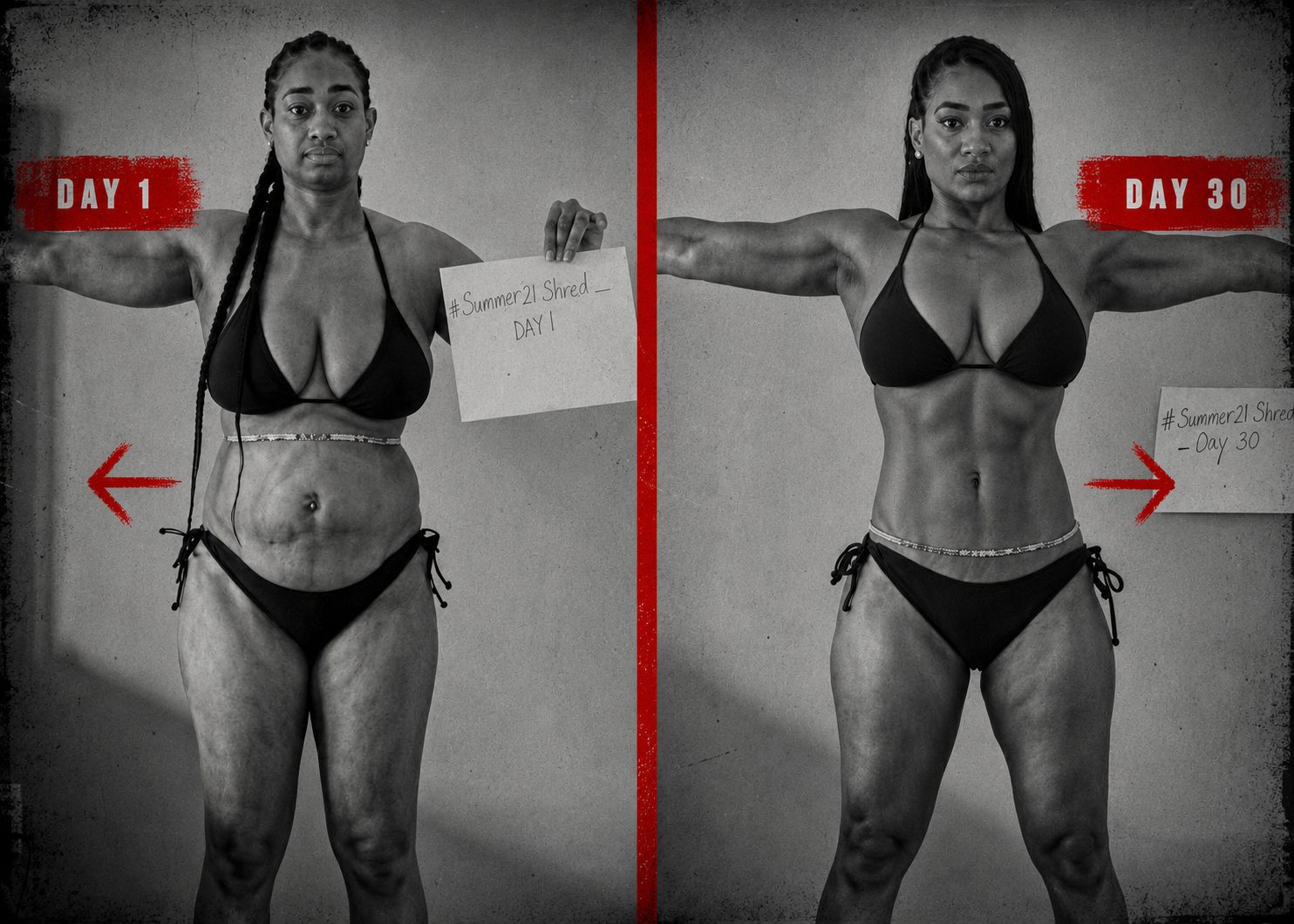 Summer 21 Shred Day 1 and Day 30 photos of a challenger with braids, arms out, side by side
