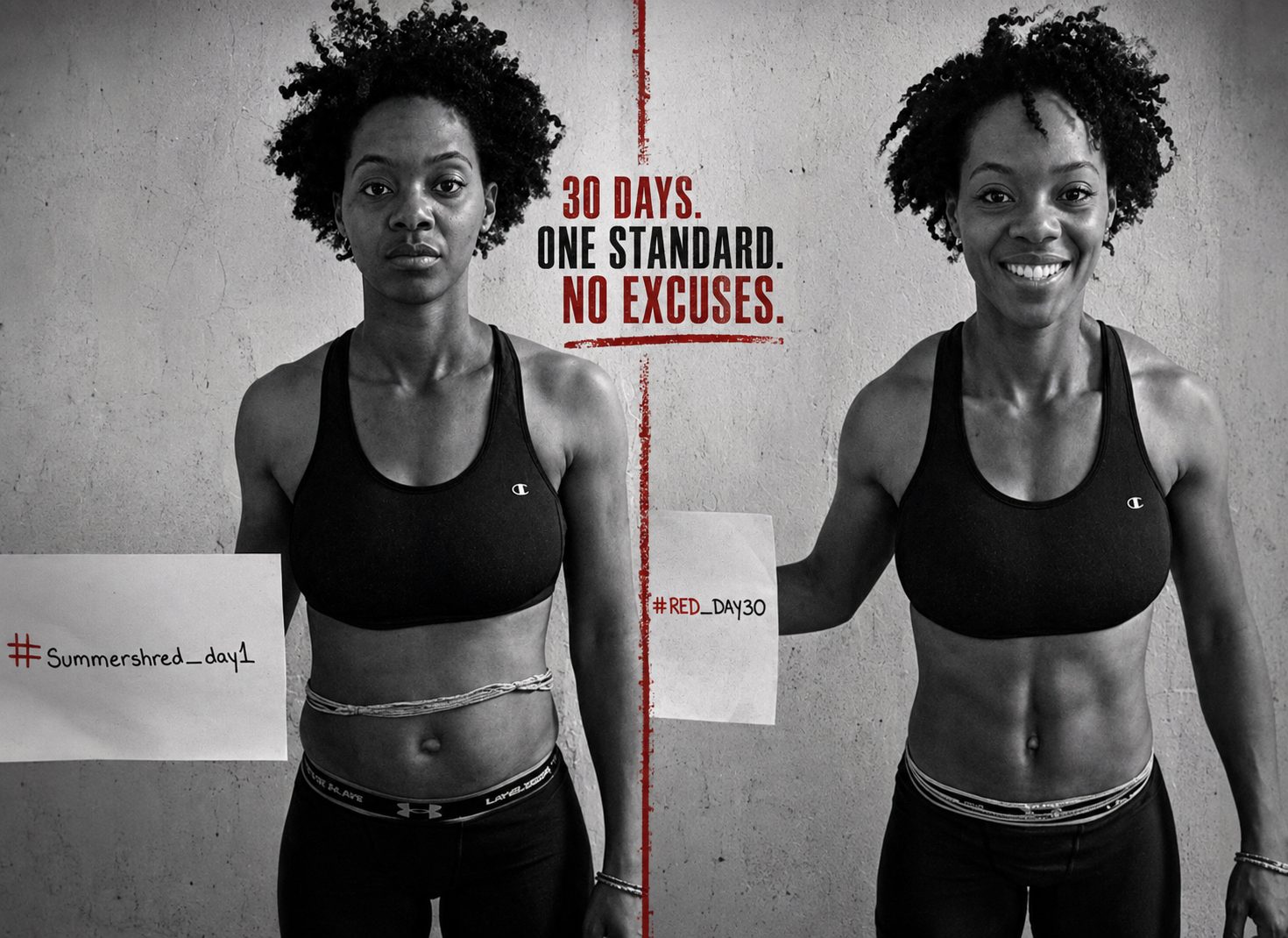 Summer Shred Day 1 and Day 30 photos of a challenger in a sports bra, side by side. 30 days. One standard. No excuses.